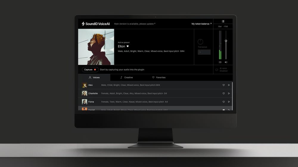A desktop monitor showing the SoundID VoiceAI plugin interface, featuring profile selection, voice presets, and audio capture controls for creative vocal processing and sound customization.